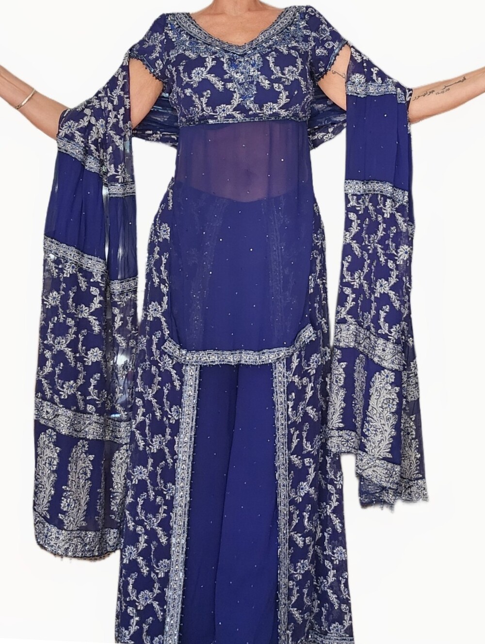 Vintage Custom Bollywood Sequin Sharara 3pc Sari Choli Sharara Beaded Blue